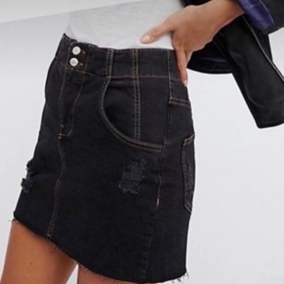 Free People Dresses & Skirts - Free People High Rise Black Distressed Denim Mini Skirt